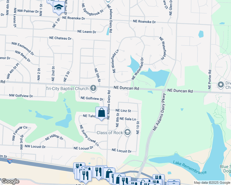 map of restaurants, bars, coffee shops, grocery stores, and more near 601 Northeast Duncan Road in Blue Springs