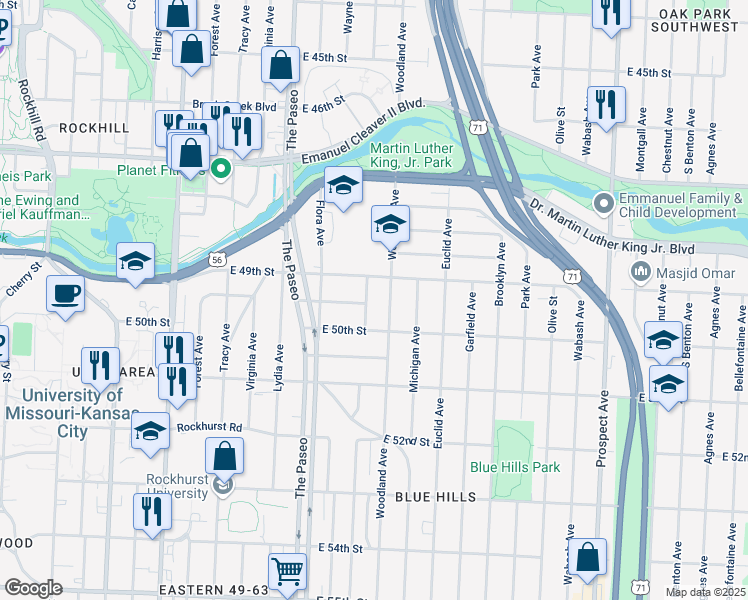 map of restaurants, bars, coffee shops, grocery stores, and more near 4901 Highland Avenue in Kansas City