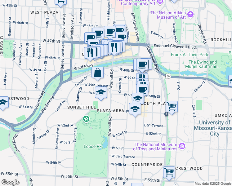 map of restaurants, bars, coffee shops, grocery stores, and more near 4950 Central Street in Kansas City