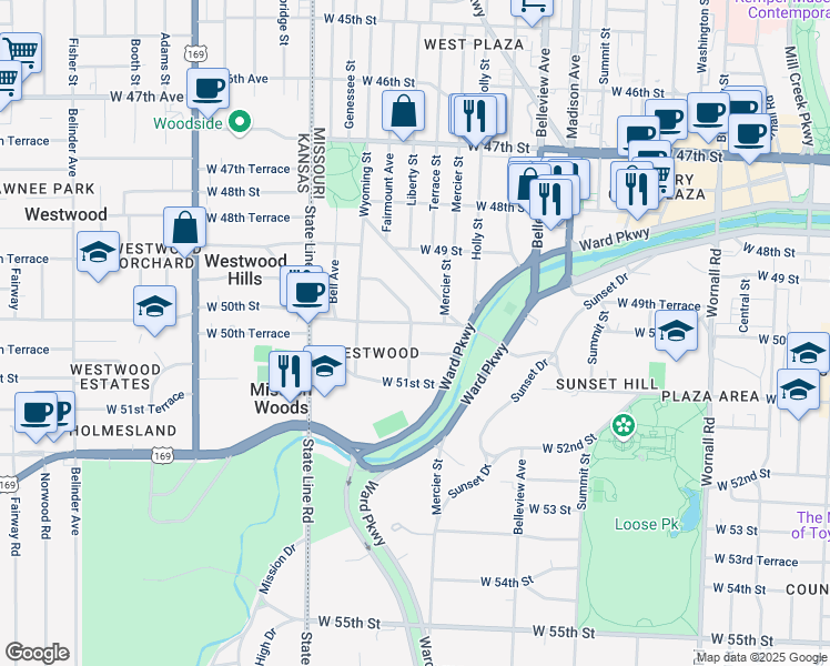 map of restaurants, bars, coffee shops, grocery stores, and more near 1320 West 50 Street in Kansas City