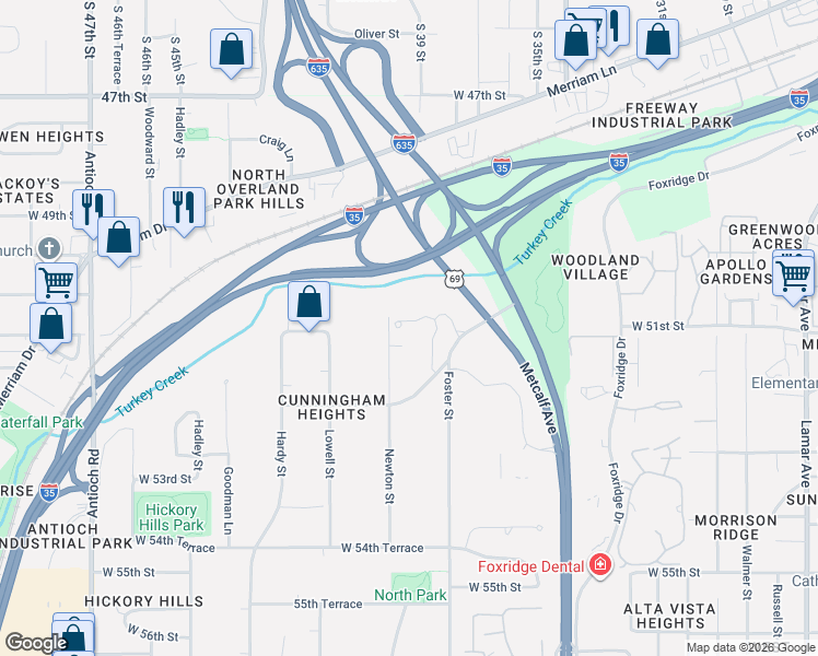 map of restaurants, bars, coffee shops, grocery stores, and more near 5013 Conser in Overland Park