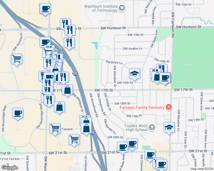 map of restaurants, bars, coffee shops, grocery stores, and more near 1588 Southwest Village Drive in Topeka