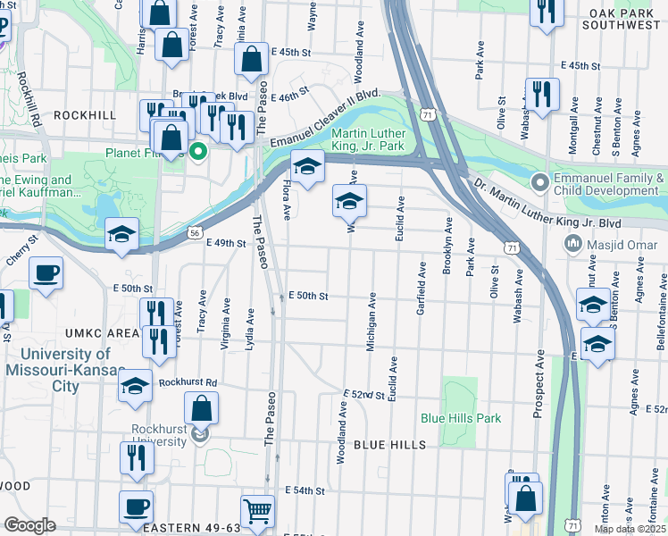 map of restaurants, bars, coffee shops, grocery stores, and more near 4901 Highland Avenue in Kansas City