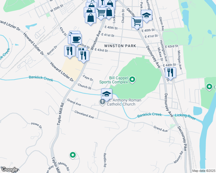 map of restaurants, bars, coffee shops, grocery stores, and more near 4708 Church Street in Taylor Mill