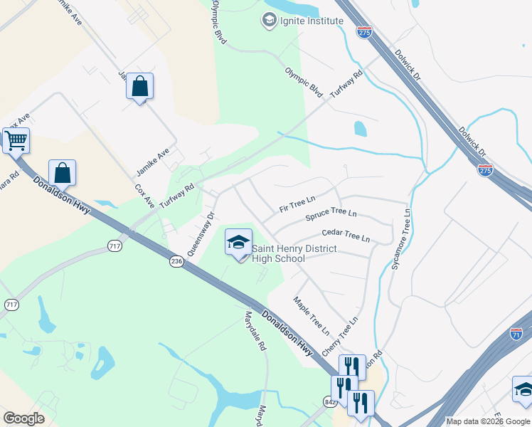 map of restaurants, bars, coffee shops, grocery stores, and more near 3422 Fir Tree Lane in Erlanger