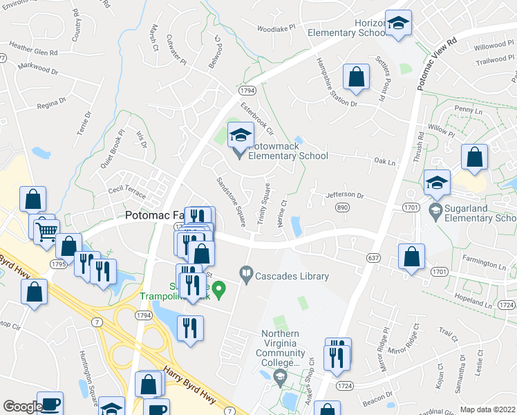 map of restaurants, bars, coffee shops, grocery stores, and more near 20901 Trinity Square in Sterling