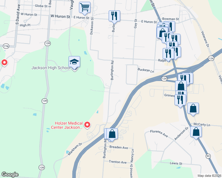 map of restaurants, bars, coffee shops, grocery stores, and more near 314 Burlington Road in Jackson