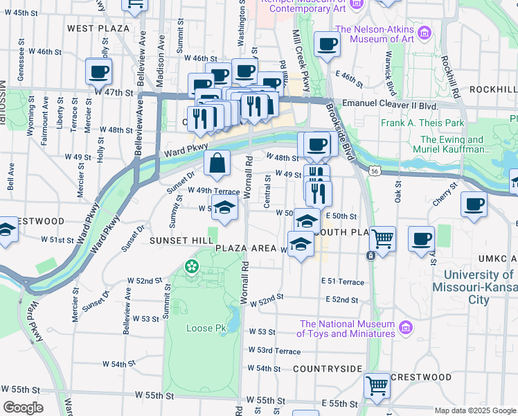 map of restaurants, bars, coffee shops, grocery stores, and more near 4950 Central Street in Kansas City