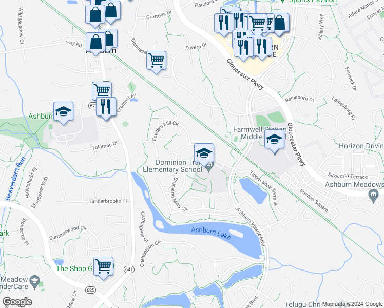 map of restaurants, bars, coffee shops, grocery stores, and more near 20937 Rootstown Terrace in Ashburn