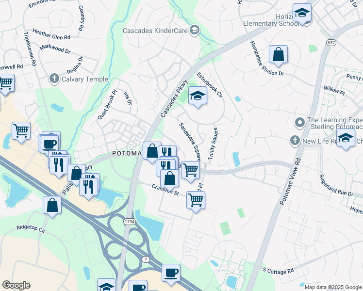 map of restaurants, bars, coffee shops, grocery stores, and more near 46322 Summerhill Place in Sterling
