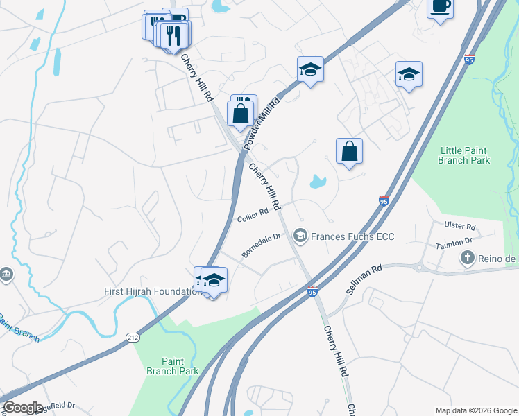 map of restaurants, bars, coffee shops, grocery stores, and more near 3304 Collier Road in Adelphi