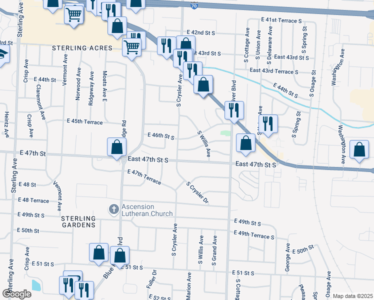 map of restaurants, bars, coffee shops, grocery stores, and more near East 46th Terrace South in Independence