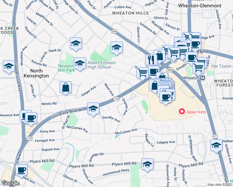 map of restaurants, bars, coffee shops, grocery stores, and more near 3015 University Boulevard West in Kensington