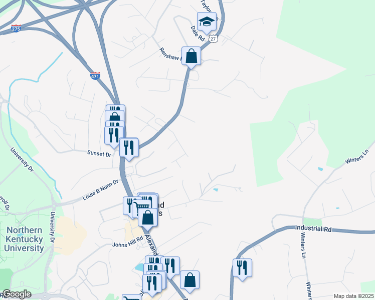 map of restaurants, bars, coffee shops, grocery stores, and more near 25 Bordeaux Drive in Highland Heights