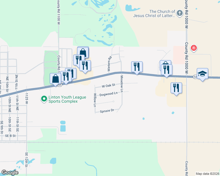map of restaurants, bars, coffee shops, grocery stores, and more near 1740 Oak Street in Linton