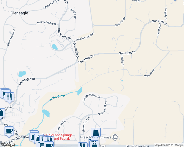 map of restaurants, bars, coffee shops, grocery stores, and more near 720 Walsen Road in Colorado Springs