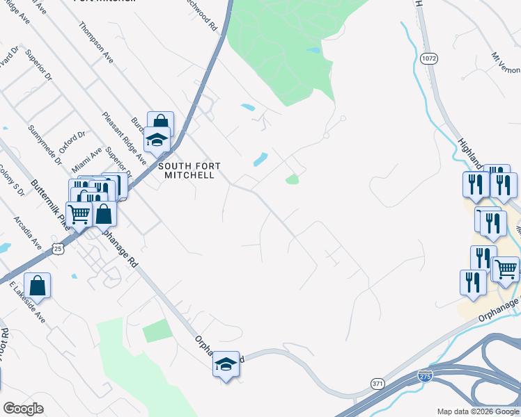 map of restaurants, bars, coffee shops, grocery stores, and more near 219 Highland Avenue in Fort Mitchell