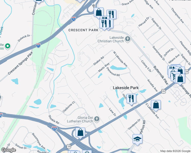 map of restaurants, bars, coffee shops, grocery stores, and more near 2720 Marlo Way in Lakeside Park