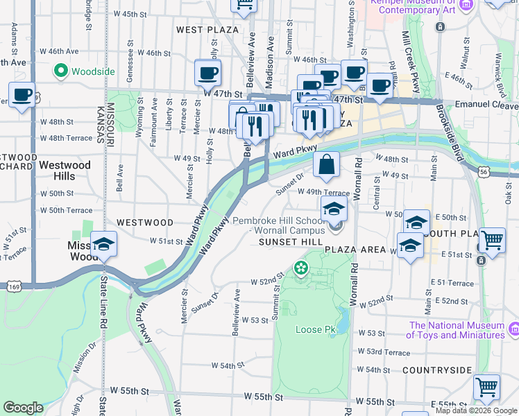 map of restaurants, bars, coffee shops, grocery stores, and more near 5012 Sunset Drive in Kansas City