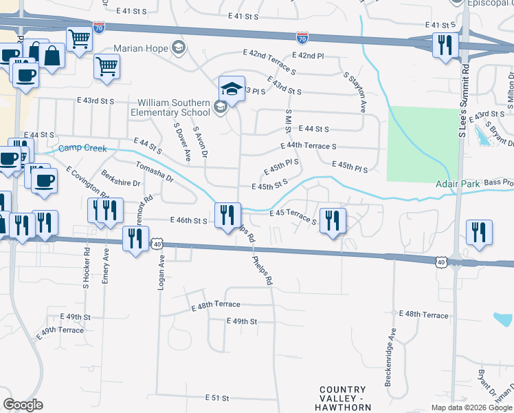 map of restaurants, bars, coffee shops, grocery stores, and more near 4511 South Phelps Road in Independence