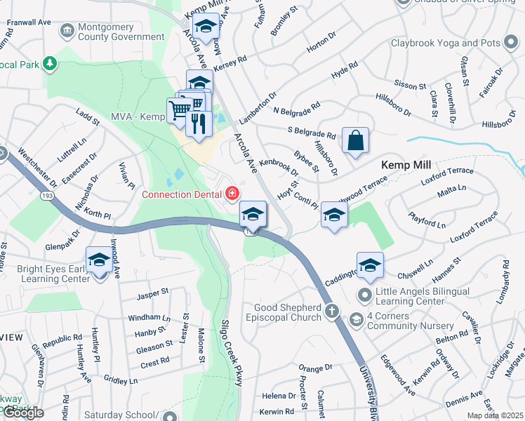 map of restaurants, bars, coffee shops, grocery stores, and more near 1111 University Boulevard West in Kemp Mill