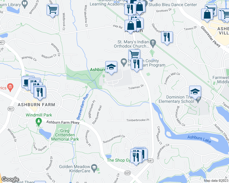 map of restaurants, bars, coffee shops, grocery stores, and more near 43723 Tolamac Drive in Ashburn
