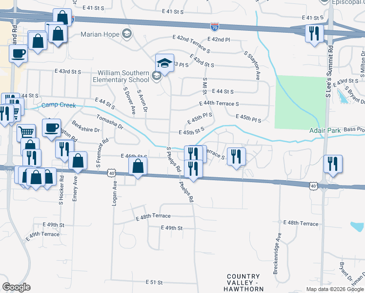 map of restaurants, bars, coffee shops, grocery stores, and more near 4511 South Phelps Road in Independence