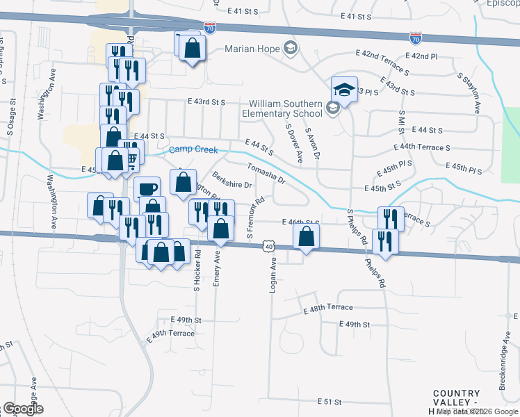 map of restaurants, bars, coffee shops, grocery stores, and more near 4515 South Fremont Road in Independence