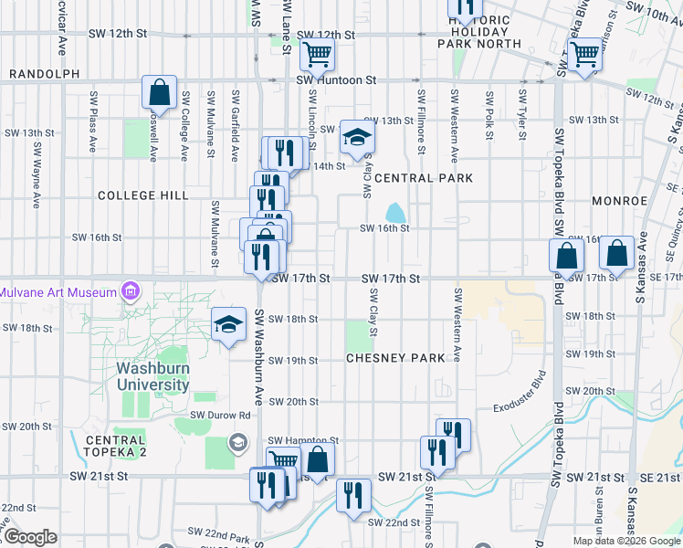 map of restaurants, bars, coffee shops, grocery stores, and more near 1634 Southwest Buchanan Street in Topeka