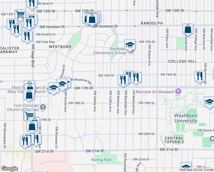 map of restaurants, bars, coffee shops, grocery stores, and more near 1617 Southwest Collins Avenue in Topeka