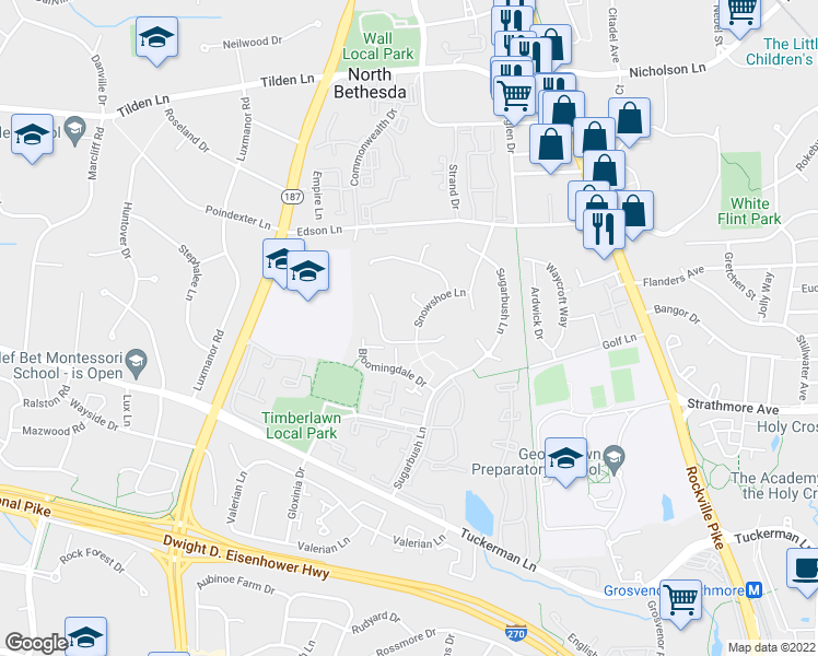 map of restaurants, bars, coffee shops, grocery stores, and more near 11028 Snowshoe Lane in Rockville