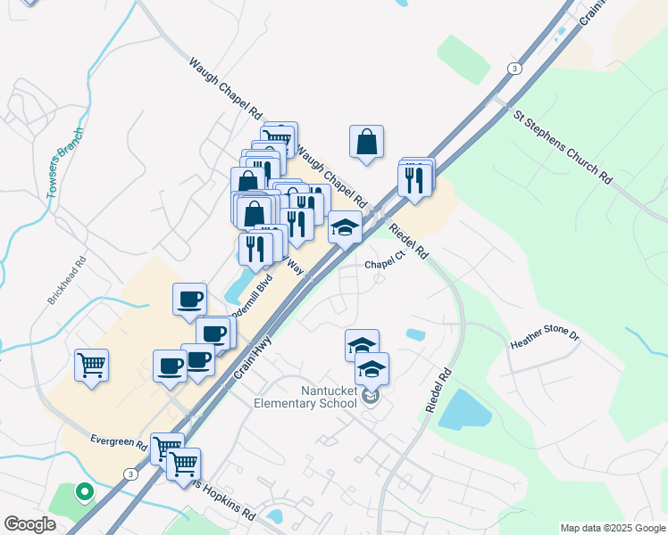 map of restaurants, bars, coffee shops, grocery stores, and more near 1044 state route 3N in Gambrills