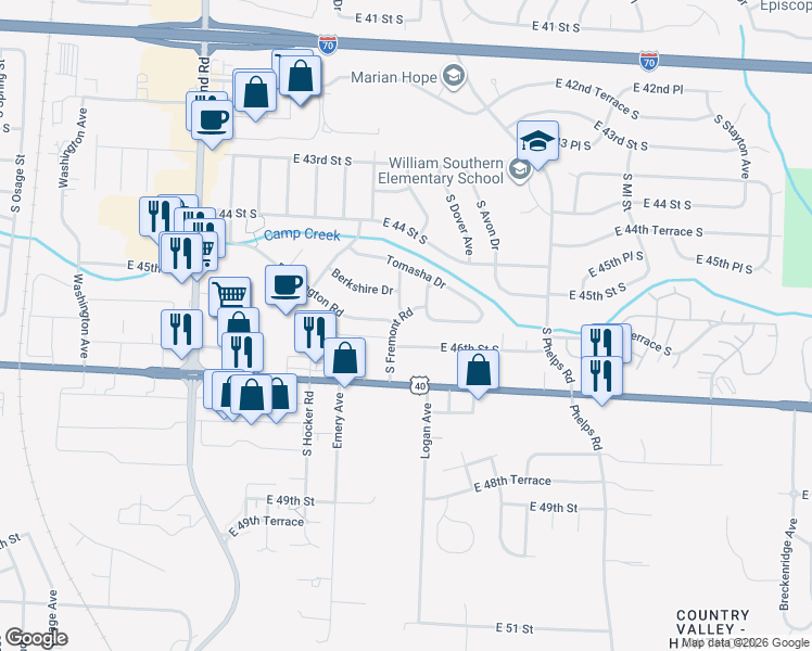 map of restaurants, bars, coffee shops, grocery stores, and more near 4515 South Fremont Road in Independence