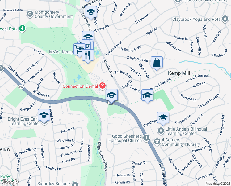 map of restaurants, bars, coffee shops, grocery stores, and more near 1111 University Boulevard West in Kemp Mill