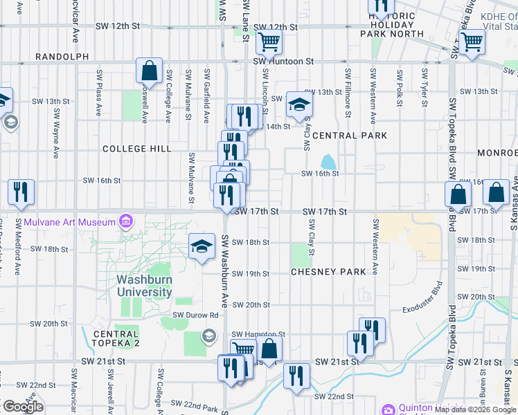 map of restaurants, bars, coffee shops, grocery stores, and more near 1427 Southwest Byron Street in Topeka