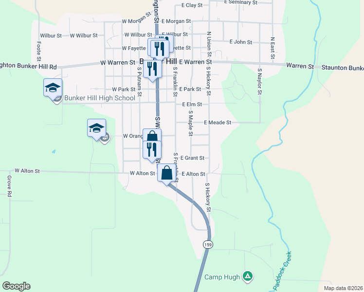 map of restaurants, bars, coffee shops, grocery stores, and more near 613 South Franklin Street in Bunker Hill