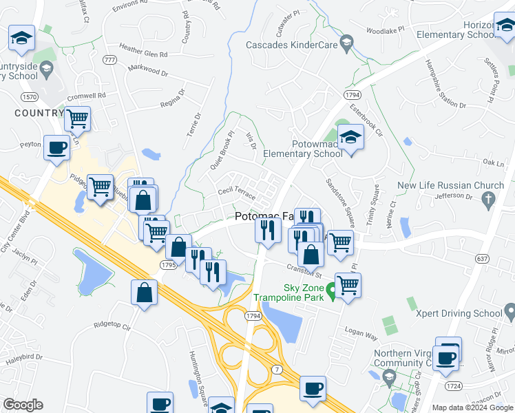 map of restaurants, bars, coffee shops, grocery stores, and more near 46206 Walpole Terrace in Sterling