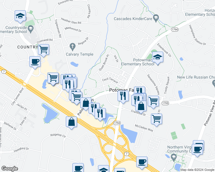 map of restaurants, bars, coffee shops, grocery stores, and more near 20902 Cosworth Terrace in Sterling