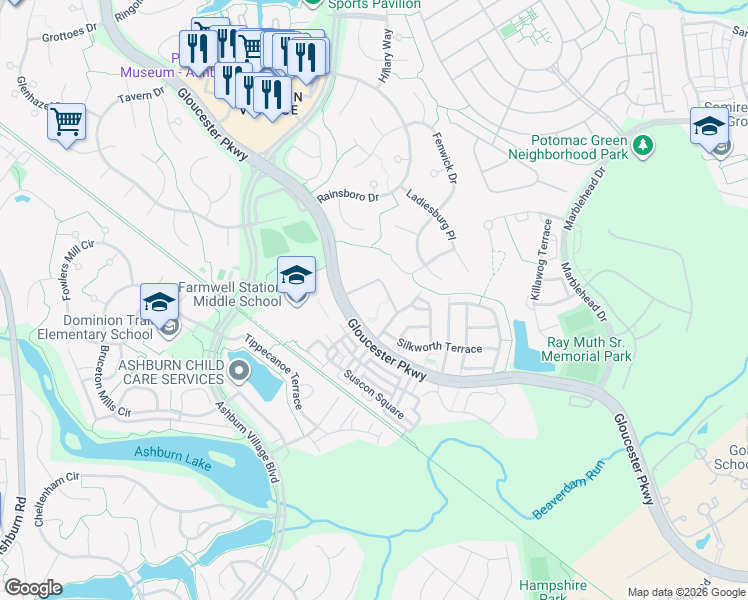 map of restaurants, bars, coffee shops, grocery stores, and more near 20900 Runnymeade Terrace in Ashburn