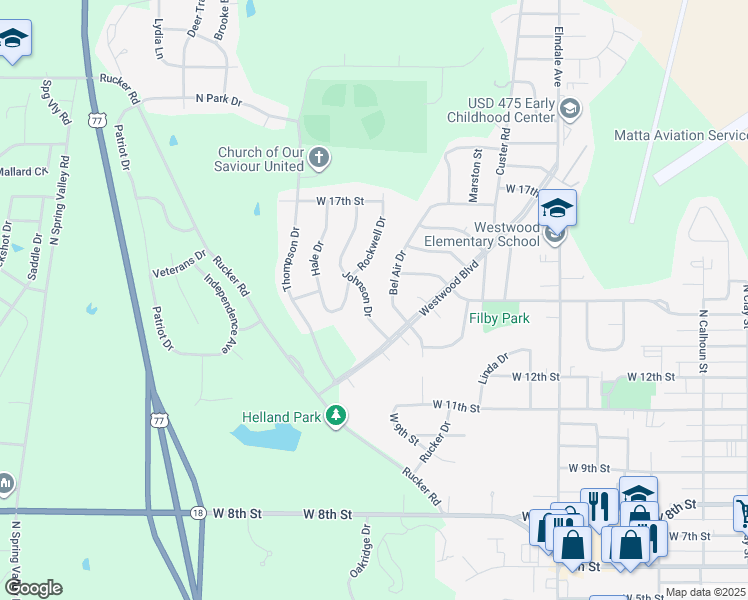 map of restaurants, bars, coffee shops, grocery stores, and more near 1329 Johnson Drive in Junction City
