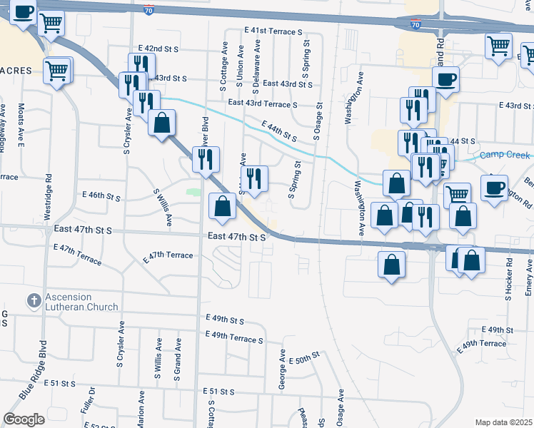 map of restaurants, bars, coffee shops, grocery stores, and more near 13004 East US Highway 40 in Independence