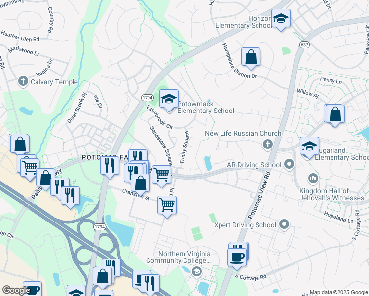 map of restaurants, bars, coffee shops, grocery stores, and more near 20897 Trinity Square in Sterling