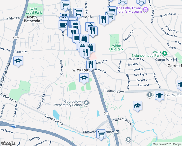 map of restaurants, bars, coffee shops, grocery stores, and more near 10913 Wickshire Way in Rockville