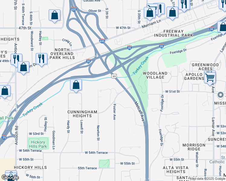 map of restaurants, bars, coffee shops, grocery stores, and more near 5101 Conser in Overland Park
