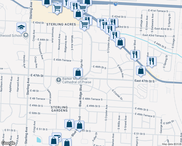 map of restaurants, bars, coffee shops, grocery stores, and more near 4607 Blue Ridge Boulevard in Kansas City