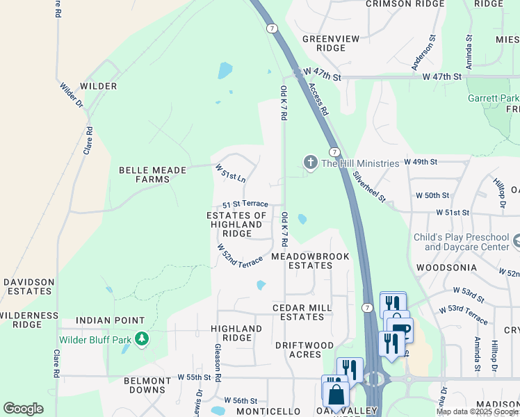 map of restaurants, bars, coffee shops, grocery stores, and more near 23611 51st Terrace in Shawnee