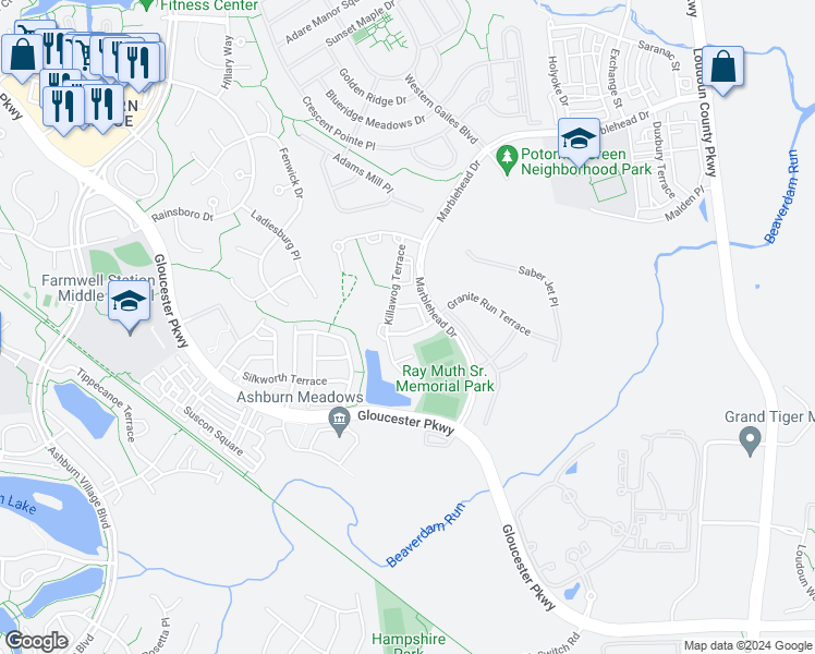 map of restaurants, bars, coffee shops, grocery stores, and more near 44486 Potter Terrace in Ashburn