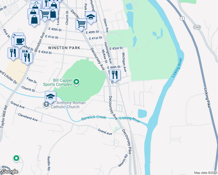 map of restaurants, bars, coffee shops, grocery stores, and more near 228 East 45th Street in Covington