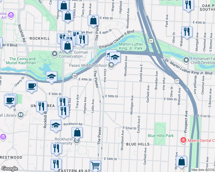 map of restaurants, bars, coffee shops, grocery stores, and more near 1519 East 49th Street in Kansas City