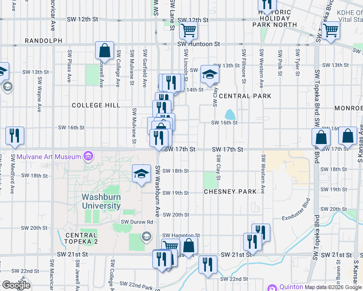 map of restaurants, bars, coffee shops, grocery stores, and more near 1427 Southwest Byron Street in Topeka